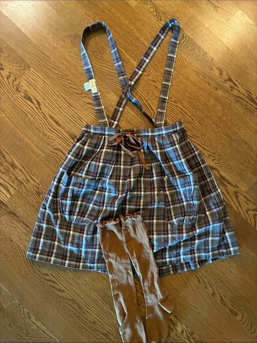 Olive Juice plaid pocket skirt with suspenders and knee socks, size 10/12